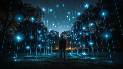 Man Standing in Park with Blue LED Balls Above