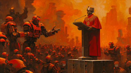 Man in priestly clothes giving speech to robots