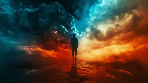 Man standing between good and evil