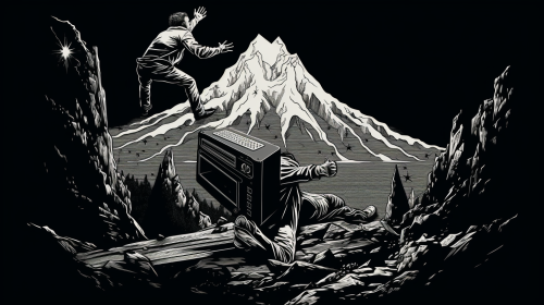 Black and white woodcut style illustration of a man pushing a 80s television up a mountain