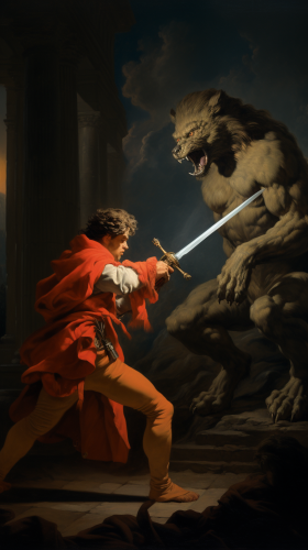 Man holding fiery sword facing werewolf