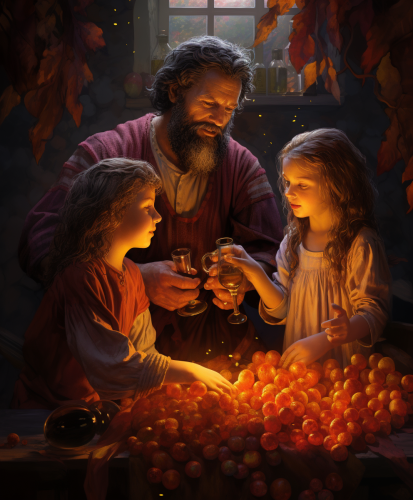 Father teaching children wine making process