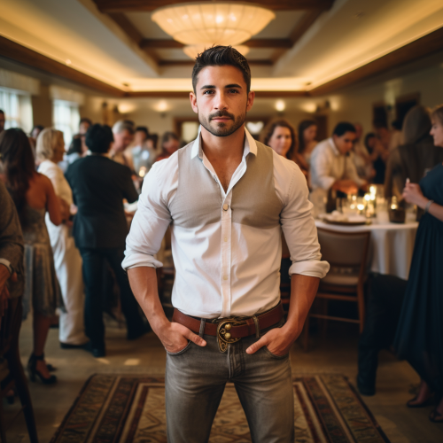 Man in Dirty Tee Shirt and Jeans at Luxury Wedding