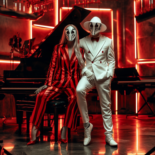 realistic man and woman with symbol mask in studio