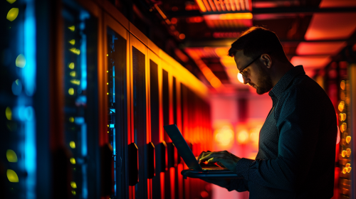 Man working on laptop with server racks background Man working on laptop with server racks background
