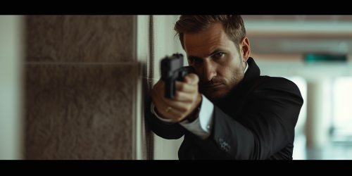 Man in Black Suit Holding Gun Silently