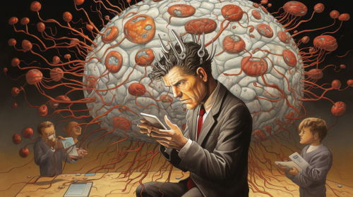 Cartoon drawing of man looking at bank consuming brains