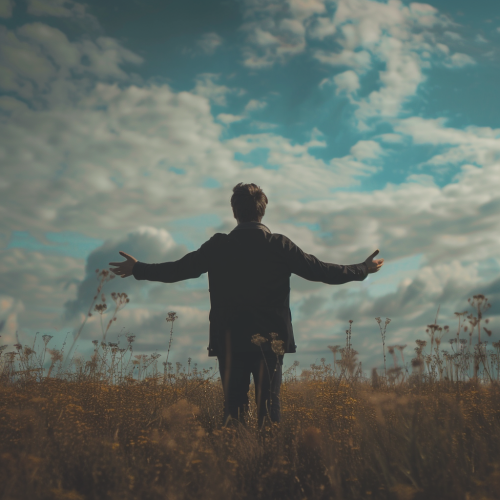 Man looking at sky with open arms