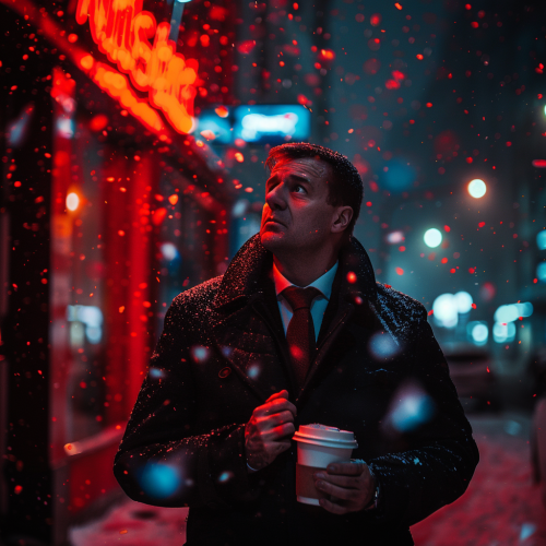 Man in Snow with Hot Coffee