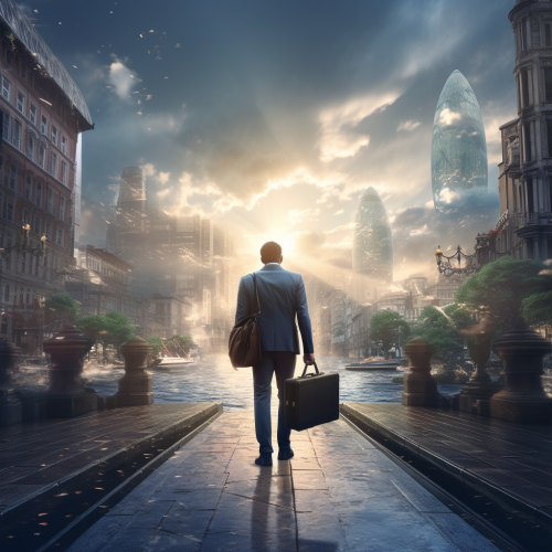 Man walking away in global travel scene