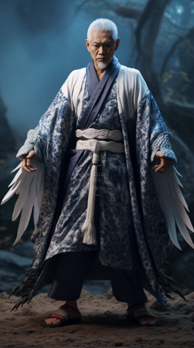 Cinematic 50-Year-Old Man with Tengu Brand Blue Cloak