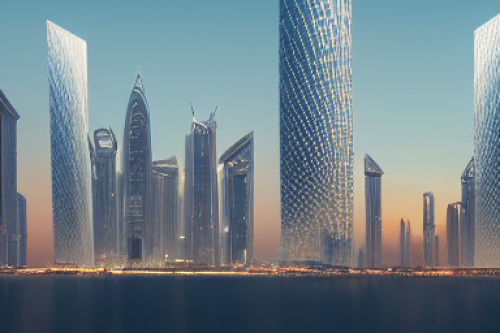 Photo-realistic image of modern buildings shaped as DNA structure