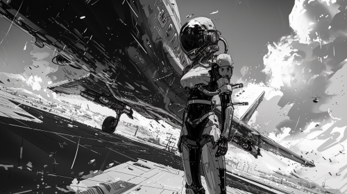 Sci-fi manga illustration of female pilot in exosuit