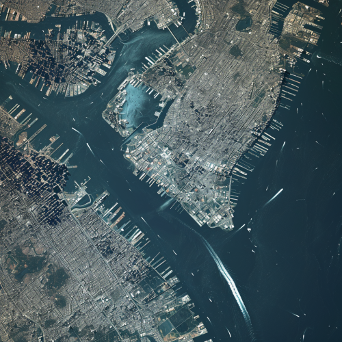 Satellite view of Manhattan Island with nearby meteor strike Satellite view of Manhattan Island with nearby meteor strike
