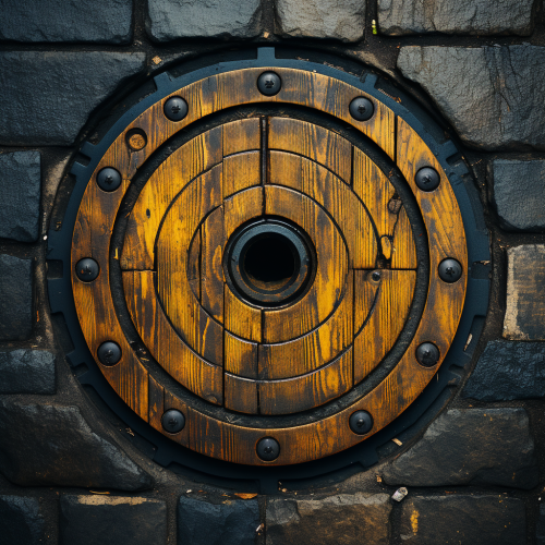 Aerial shot of manhole sewer cap on asphalt