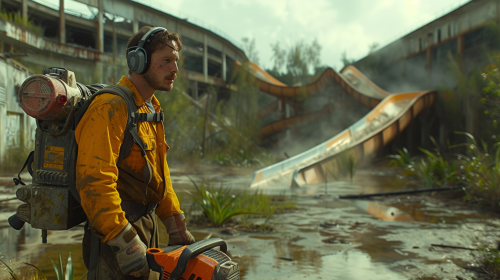 Manly professional working with brush cutter