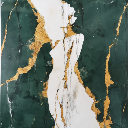 Woman statue on emerald and gold flake marble slab