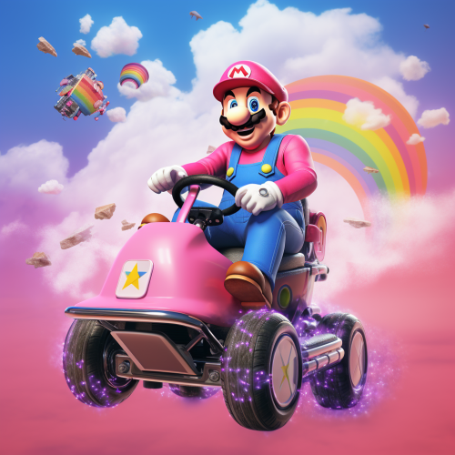 Colorful Mario Kart race on pink background with minimalistic art Colorful Mario Kart race on pink background with minimalistic art
