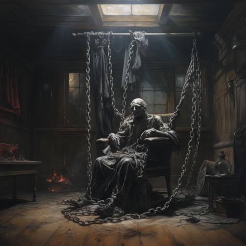 Jacob Marley's ghost floating in a Victorian room with chains