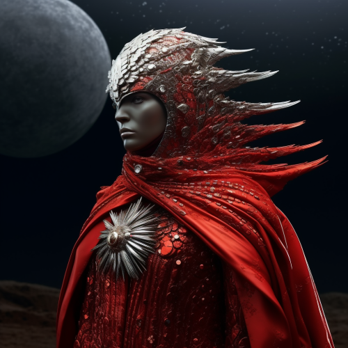 Cinematic mars alien bird with foil cloak and coral garments Cinematic mars alien bird with foil cloak and coral garments