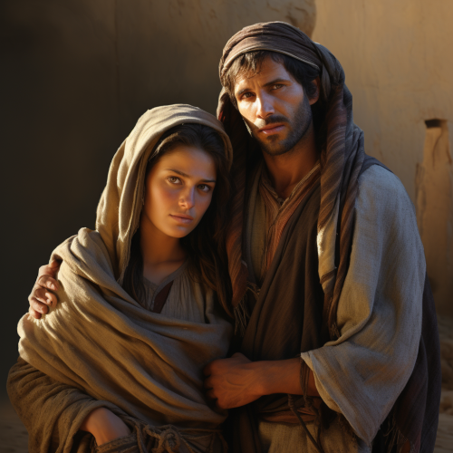 Mary and Joseph, pregnant girl, tired husband, crowded people