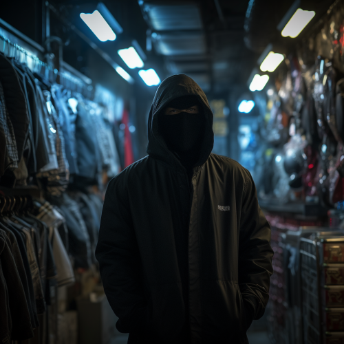 Masked man with hoodie, tugged clothes