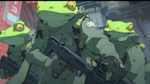 Three Mecha frogs with futuristic weapons at Times Square