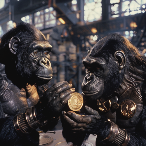 Gorillas praying to gold coin