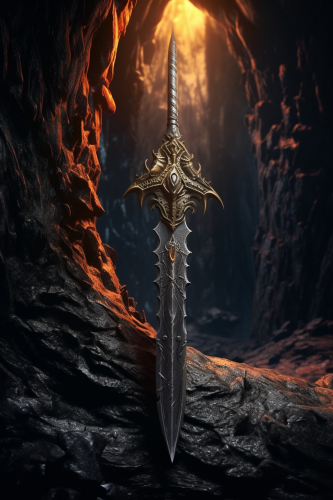 Medieval Dagger with Raven Silhouette in Cave