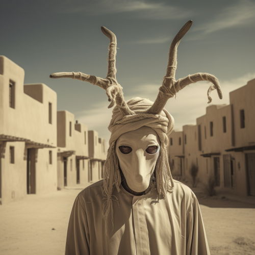 Man in medieval desert town with antlers