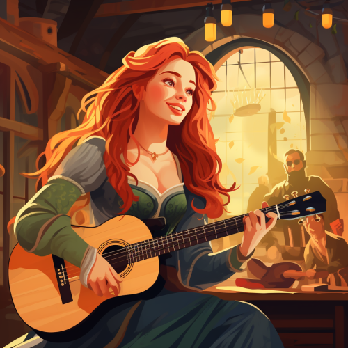 Medieval fantasy bard woman with cute redhead