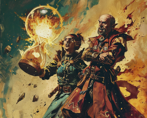 Fantasy Characters Protecting Themselves from Exploding Hourglass