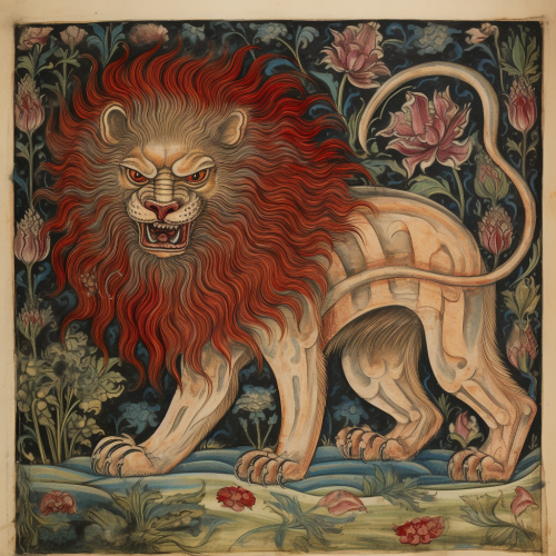Mythical manticore creature in medieval illuminated manuscript style