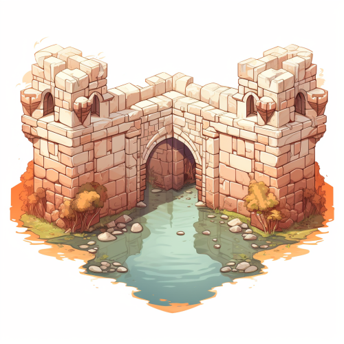 Isometric drawing of medieval stone wall with moat