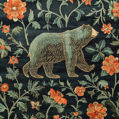 Medieval Tapestry Bears Flowers Blue Green