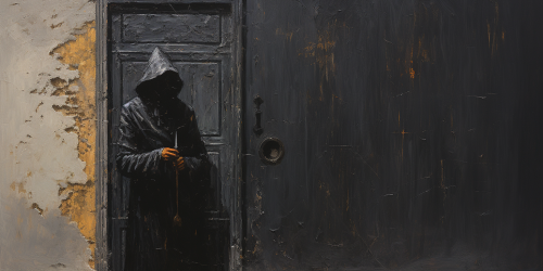 Man with Polka Dot Party Hat by Medieval Wooden Door