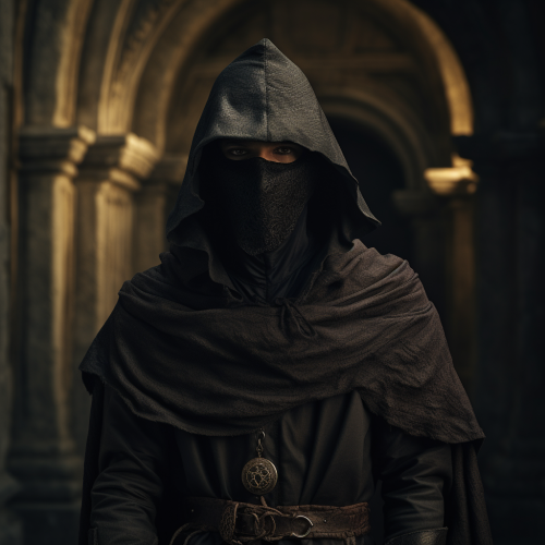 Medieval masked cloaked man with authority