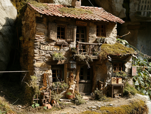 Medieval stone house with 'SE VENDE' sign Medieval stone house with 'SE VENDE' sign