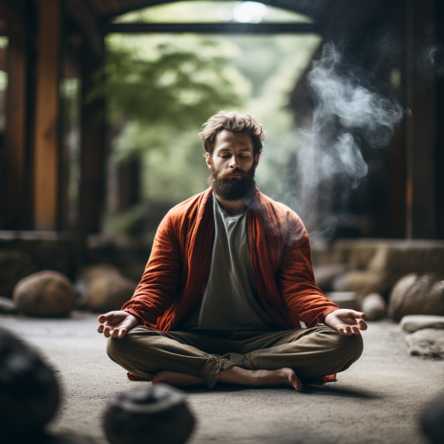 Man meditating, stressed out, annoyed Man meditating, stressed out, annoyed