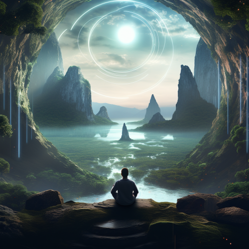 Meditation in futuristic landscape