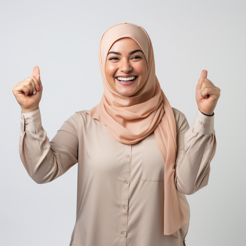Mediterranean woman happily signaling with three fingers