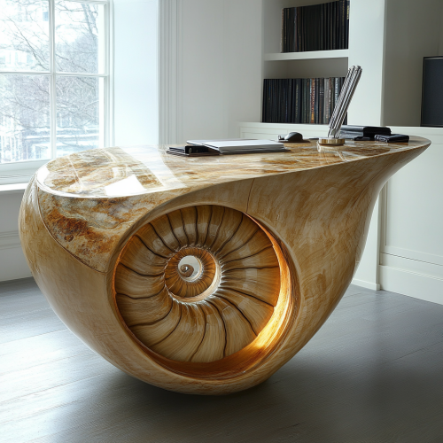 Modern ammonite fossil desk surface concept