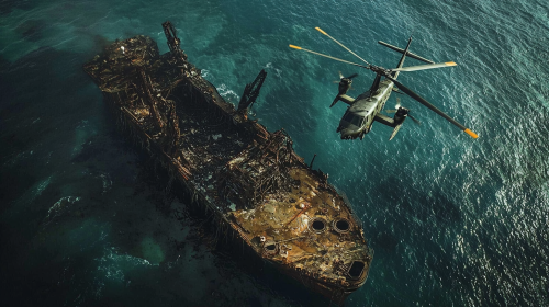 Aerial shot of burned exploration ship