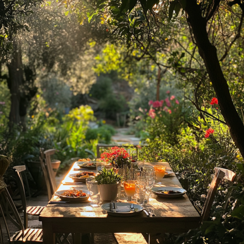 Serene outdoor lunch setting blooming