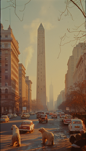 polar bears standing on Buenos Aires street at night.