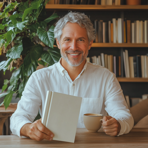 Middle-aged psychologist presenting elegant book