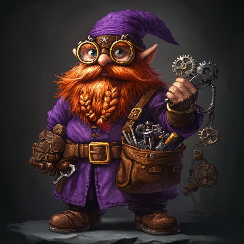red-haired gnome wizard with wrench and goggles carries gears