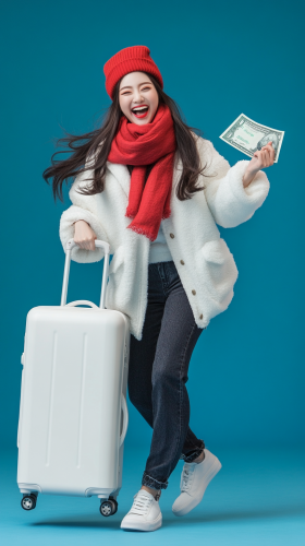 Fashionable Asian Woman With Money and Suitcase Fashionable Asian Woman With Money and Suitcase
