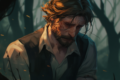 Sad man in dark forest