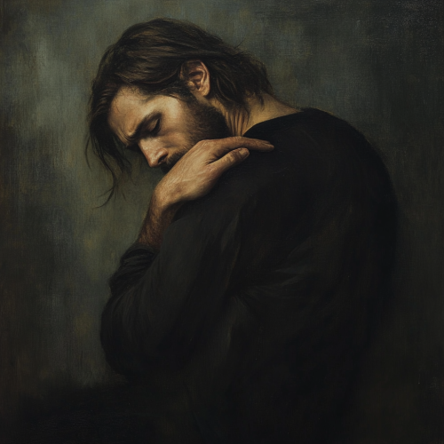 Sad man touching own shoulder